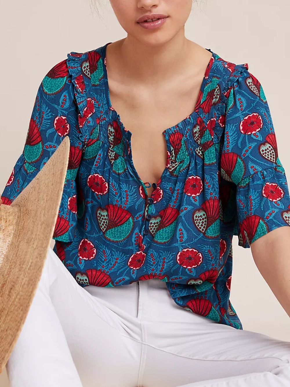 Maeve | Anthropologie | Letitia Smocked Blouse   | Blue Red Floral | XS